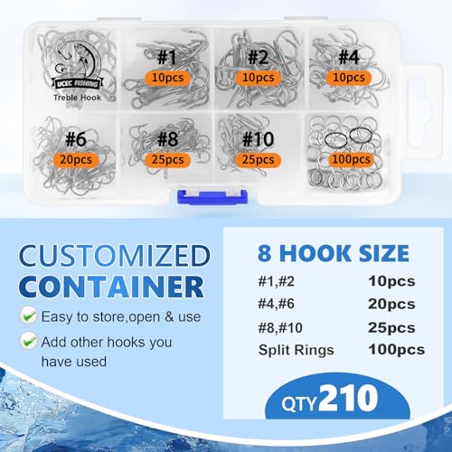 UCEC Fishing Hooks Treble Hooks Kit for Saltwater Freshwater, High Carbon Steel Strong Sharp Round Bend for Catfish Trout Hard Baits Lures, Size #1#2#4#6#8#10#12#14 110/50/210 Pack with Split Rings - style: 100pcs Split Rings & 110pcs Silver Hooks, #1 #2