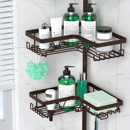 DAOYA Corner Shower Caddy Tension Pole - Adjustable 4-Tier Shower Shelf Stainless Steel Corner Tension Rod Bathroom Organizer Shampoo Holder with Soap Holders & Hooks for Bath, Tub, Floor Space Saving - color: Bronze
