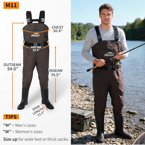 Fishing Waders for Men & Women, Waterproof 2-Ply Nylon/PVC Chest Wader with Boots for Outdoor Sizes 4-13 Bootfoot - color: Brown, size: US-M11