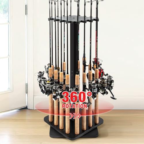 Ghosthorn Fishing Rod Holders for Garage 360 Degree Rotating Fishing Pole Rack, Floor Stand Holds up to 16 Rods Wood Fishing Gear Equipment Storage Organizer, Fishing Gifts for Men Women - style: black