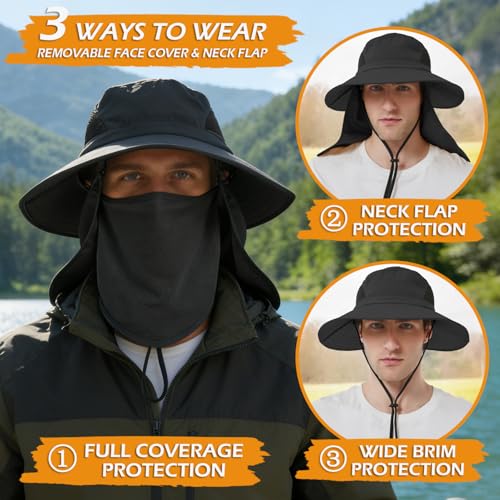 Wide Brim Sun Bucket Hat, Waterproof Boonie Hat for Men & Women | UPF 50+ UV Protection, Adjustable Fit, Chin Strap & Sweatband, Foldable Durable for Fishing Hiking Garden Beach - color: 07 Black (Full Coverage)