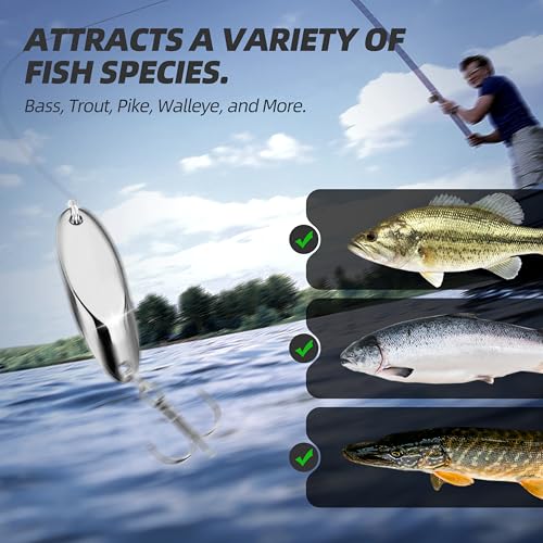 Slant Cut Spoon 8PCS – Metal Fishing Baits with High-Reflective Blades for Bass, Trout, Pike, Walleye – Sharp Treble Hooks for Freshwater & Saltwater, Long Casting, Lake & River Fishing - size: 3/8oz