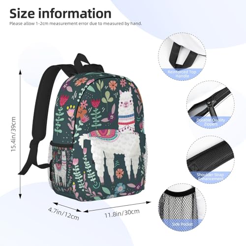 Cute Llama Flower 15 Inch Backpack Laptop Travel Bag For Men Women With Multiple Pockets Casual Hiking Gym Sport - color: Cute Llama Flower