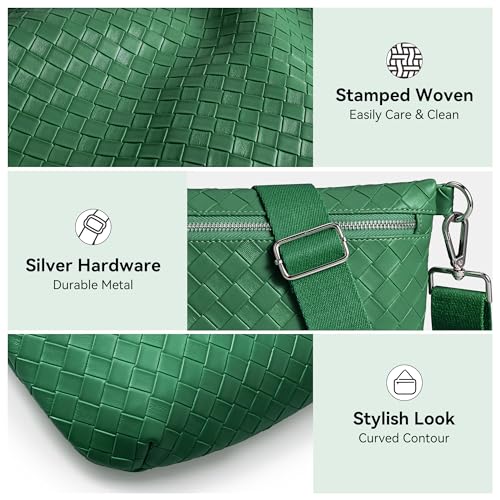KALIDI Woven Crossbody Bags for Women Travel Vegan Leather Fanny Packs for Woman Cross Body Purse Fashion Belt Bum Bag with Wide Strap - color: Forest Green