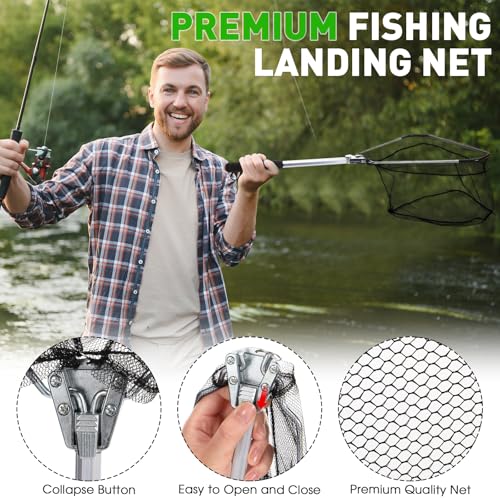 RoundFunny 10 Pcs Fishing Tool Kit, Fishing Pliers with Lanyard and Protective Sheaths, Landing Net, Fillet Knife, Fish Scale, Gripper, Hook Remover, Braid Scissors, Gloves for Men Dad Gift - color: Green