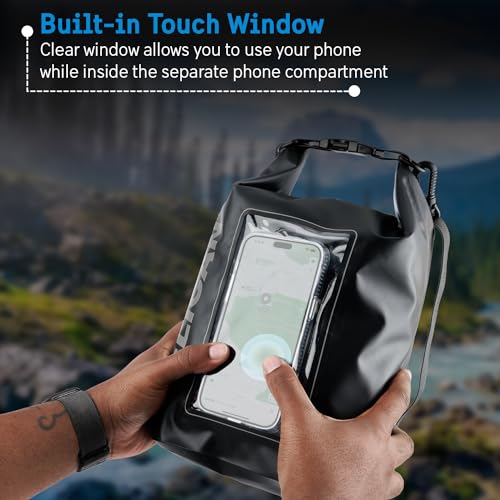 Pelican Marine IP68 Waterproof Dry Bag 5L with Phone Pouch/Case - Black | Roll Top Waterproof Backpack with Touchscreen Phone Pouch - Swimming, Kayaking, Camping, Rafting, Fishing & Travel Essentials - color: Stealth Black, size: 5L