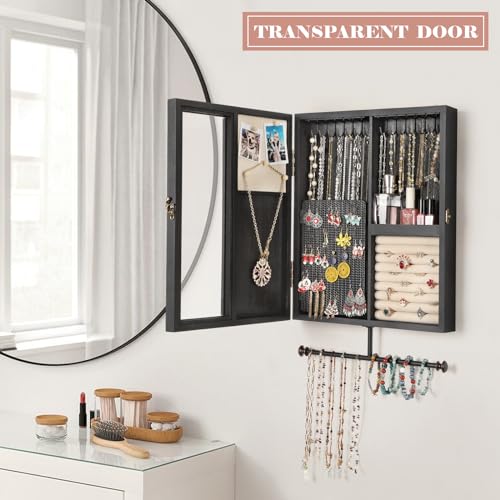 Keebofly Wall Mounted Jewelry Organizer With Rustic Wood Large Space Jewelry Cabinet, Holder, Storage Box for Necklaces, Earrings, Bracelets, Ring Holder, and Accessories Black - color: Black