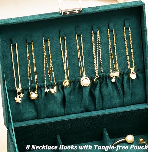 QBestry Jewelry Box for Women with Drawer, 3-Layer Large Jewelry Organizer with Lock & Key, 8 Necklace Hooks & 56 Earring Holes, Green Velvet Jewelry Storage Box for Necklaces Earrings Rings Bracelets - color: Emerald Green