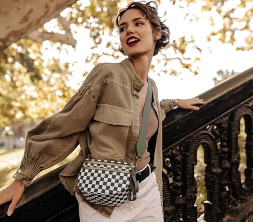Pure Colour Crossbody Bum Bags for Women Spacious Checkered Cross body Bag Nylon Trendy Fanny Pack for Travel - color: Beans Green Checkered