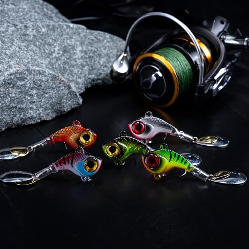 Goture Fishing Lures VIB Tail Spinners Bait Set, Two-Way Spinning Spoon System with Kona Treble Hook, Fixed Tube Anti-Tangle, 3D Eyes Sinking Lures with Tackle Box, Fishing Jigs Fishing Spinner Blade - color: 1/2 oz - 5 Pcs with Box 2.0