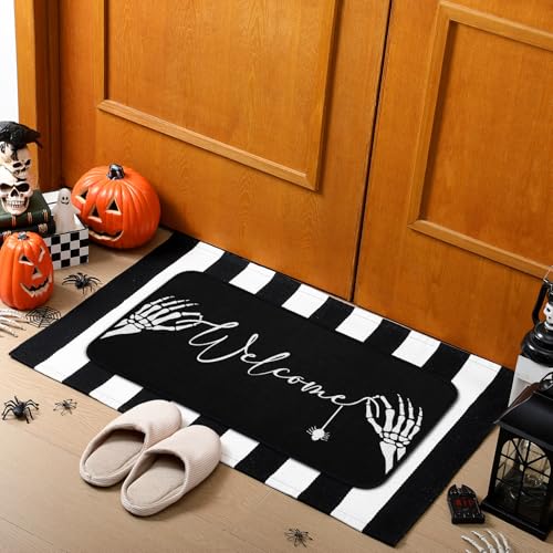 Tinideya 2 Pcs Summer Halloween Door Mats Outdoor Gothic Skull Welcome Front Doormat Linen Rubber Layered Black White Striped Skeleton Mats Nonslip Washable Halloween Decor for Front Porch Entryway - size: 16 x 28 Inch,24 x 35 Inch, style: Skull