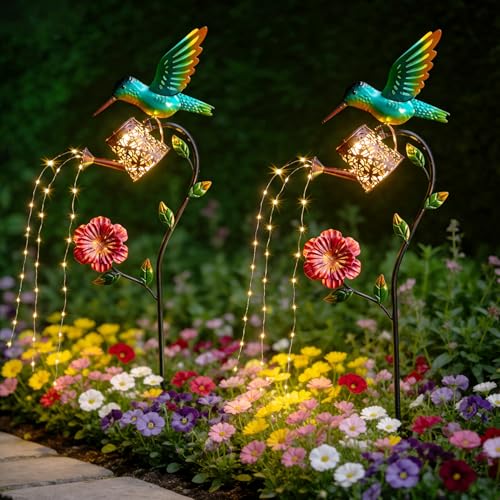 36 Inch Solar Hummingbird Lights, Solar Garden Decor with Watering Can Lights, Hummingbird Hanging Lantern Outdoor Decoration for Outside Yard Patio Porch Lawn Backyard, Birthday Gifts for Mom Women - color: Hummingbird Water Can
