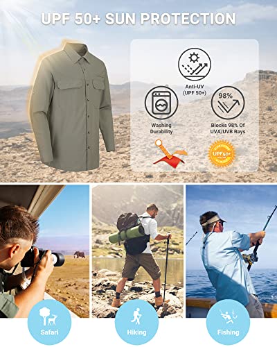 Outdoor Ventures Men's UPF 50+ UV Sun Protection Shirt, Long Sleeve Hiking Fishing Shirt Cooling Quick Dry for Safari Travel - color: Green Gray, size: X-Large