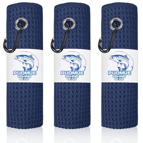 Puomue 3 Pack Microfiber Fishing Towels with Clip, 16" X 16", Waffle Pattern for Effective Cleaning of Fishing Gears or Dirty Hands, Perfect for Camping Towels and Hiking Towles (Blue, 16"X16") - color: Blue