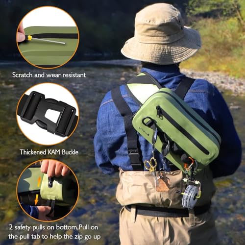 Dovesun Waterproof Fishing Fanny Pack for Men 3.3L Fly Fishing Bag Chest Pack with Airtight Zipper - color: Green