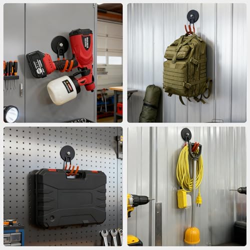 MUTUACTOR Updated Magnetic Hook Heavy Duty,40lbs 2-Pack Super Strong Magnet Garage Hook,Anti-Scratch Large Magnets Hook for Hanging Impact Drivers Trailer Cord Shovel Tool Organizer - style: Updated 3.46in Magnet J Red Hooks 2PCS