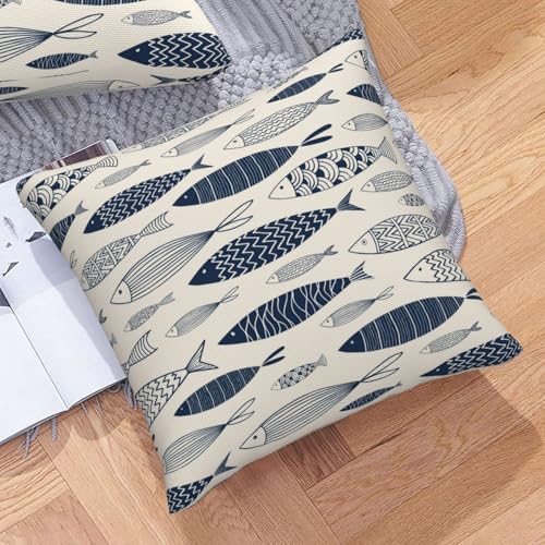 Ornamental Fish Throw Pillow Covers Watercolor Blue Fish Square Pillow Cases 18x18 Inch Set of 2 Cute Sea Sketch Outdoor Decorative Pillowcase Cushion Cover for Couch Sofa - color: Blue Beige, size: 18" x 18" (Pack of 2)