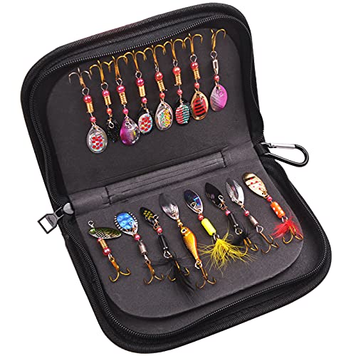 16pcs Fishing Lures Spinnerbait Hard Metal Inline Spinner Baits Kit | Spinner Lures with Feathered Treble Hooks, Fishing Spinner Baits for Freshwater Saltwater Bass Trout with Portable Carry Bag
