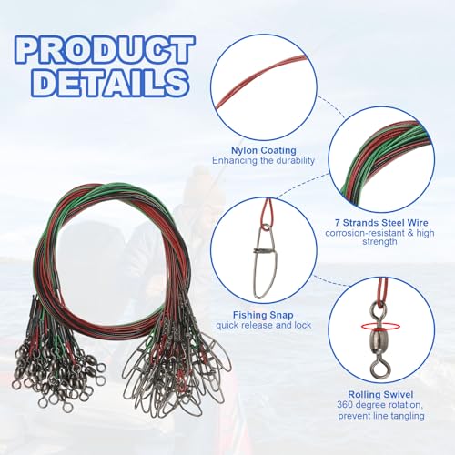 PATIKIL Fishing Wire Leader Line Steel Heavy Saltwater Fishing Leader Line High Strength with Rolling Swivel and Snap - color: Black/Red/Green