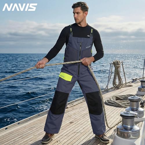 Men's PRO Waterproof Bib Pants for Sailing - Reinforced Knees & Hips for Offshore Fishing & Ocean Work - color: Navy Blue/Black, size: Large