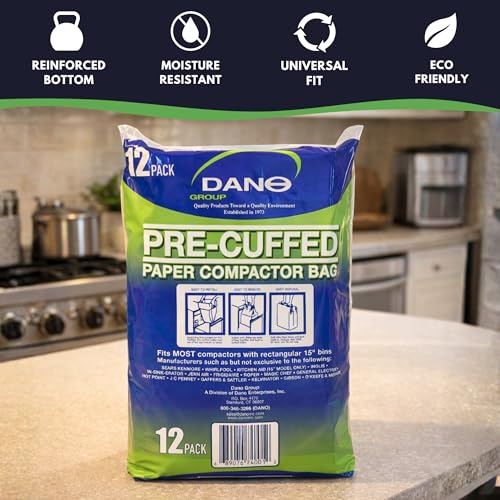 Dano Pre-Cuffed Paper Trash Compactor Bags (12 Pack) | Heavy Duty Kitchen Garbage Compactor Bags & Liners | 11 Gallon Precuffed Garbage Bag for Compactor | Eco-Friendly Trash Compactor Bag - size: 1 Count (Pack of 12)