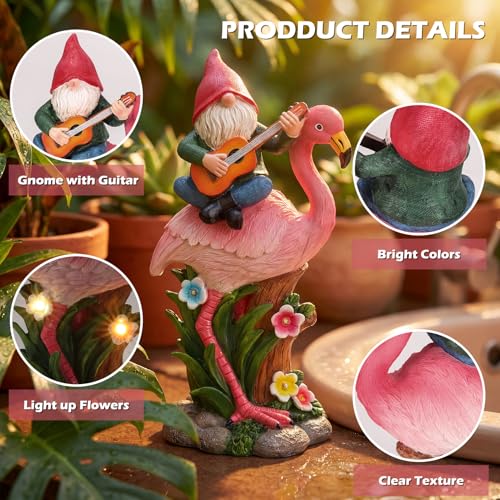 EXYGLO Solar Gnome Garden Statue Decor, 10" Gnome Riding Flamingo Outdoor Funny Decoration for Lawn, Patio, Yard, and Unique Housewarming, Birthday Ornament Gift for Mother, Friend, Family - style: Flamingo & Gnome