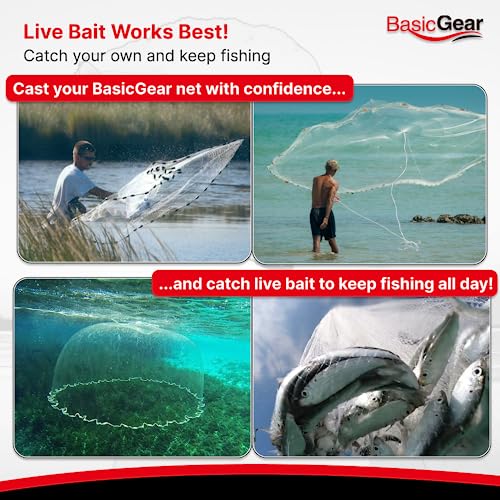 BasicGear Cast Net | Lead, 3ft-12ft Radius, 3/8 or 1/4 inch Mesh for Freshwater and Saltwater Bait Fish| Professional Grade and Upgraded Material | Throw Style - size: 8ft Radius, 3/8" Mesh