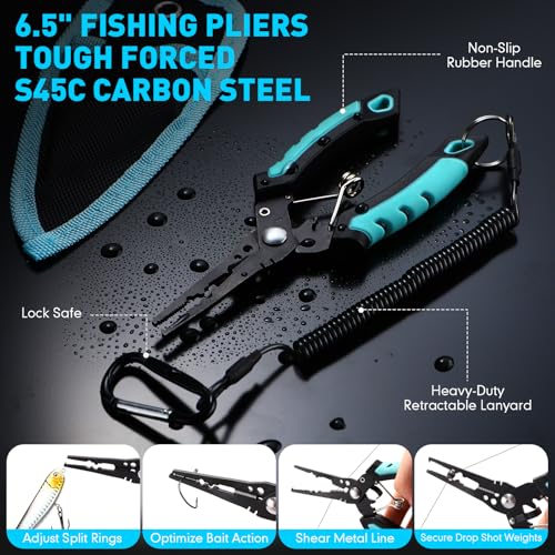 RoundFunny 14 Pcs Fishing Tool Kit, Fillet Knife, Fishing Pliers with Lanyard, Digital Scale, Lip Gripper, Hook Remover Fish Scaler Braid Scissors Gloves Sharpening Rod Retractor Towel Bag - color: Blue, style: A