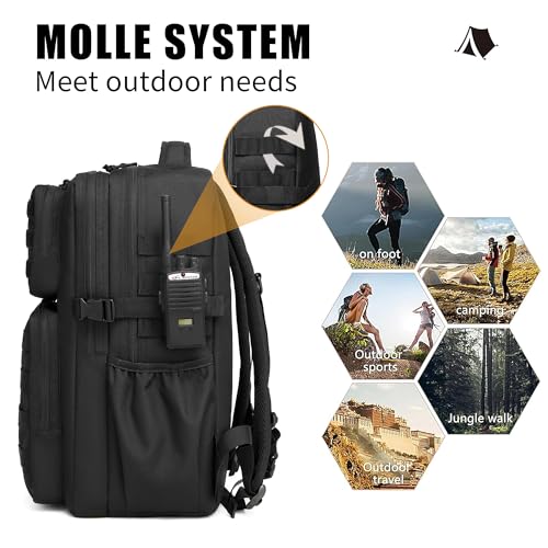 Wotony Military Tactical Backpack for Men Waterproof Daypack 3 Day Assault Pack Molle Bag with Water Bottle Holder - color: Black, size: 35L