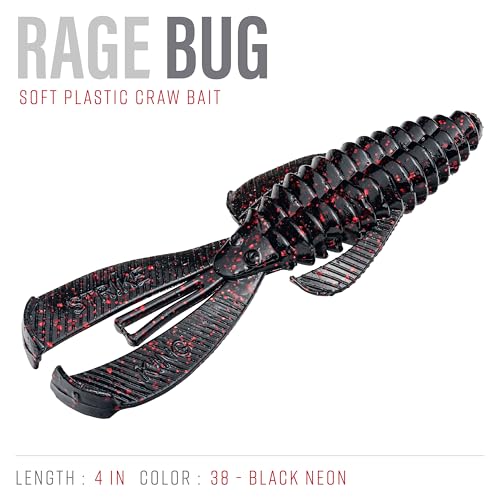 Strike King Rage Bug Fishing Lure, Soft Plastic Grub, Unique Design, Subtle Action - color: Black Neon, size: 4"