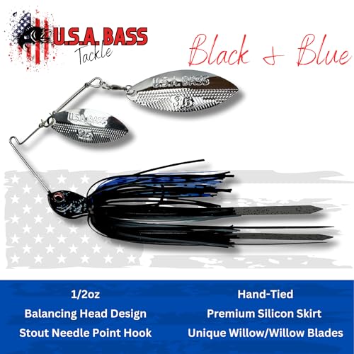 USA BASS Tackle Apache Attack Spinnerbait Type II Largemouth Smallmouth Spotted Bass Premium Fishing Bait Handtied Skirt Custom Blades Heavy Duty Hook New for 2025 - color: Black & Blue, size: 1/2oz - Willow/Willow