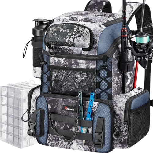 Piscifun Fishing Tackle Backpack with Rod Holders & 4 Tackle Boxes, 42L Outdoor Fishing Bag with Waterproof Rain Cover - color: Veil Camouflage