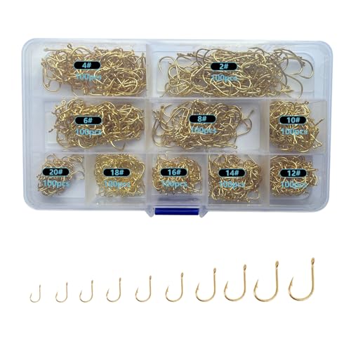 Dyxssm Small Fishing Hooks for Freshwater, 1000pcs 600pcs 400pcs Trout Fish Hook Set, 10 Sizes #2-#20 - color: Gold, style: 1000pcs (#2-#20)