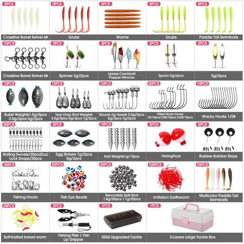 517 Pcs Large 3 Layers Tackle Box with Tackle Fishing Lures Kit Included Pliers, Fish Lip Gripper, Crankbait, Hooks, Other Accessories Fishing Kit for Men Gifts Summer Vacation(Pink White) - color: Pink White