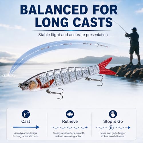 Bass Fishing Lures 3 Pack, 5.2in 8-Segment Jointed Swimbaits, Slow Sinking Hard Baits with Tackle Box, Life-Like Swimming Action for Bass Pike Walleye