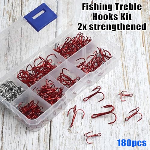 Fishing Treble Hooks Kit, Sharp Replacement Treble Hooks for Lures Baits, High Carbon Steel Fishing Hooks with Stainless Steel Split Rings Set for Bass Trout Walleye Pike - color: Red_180pcs