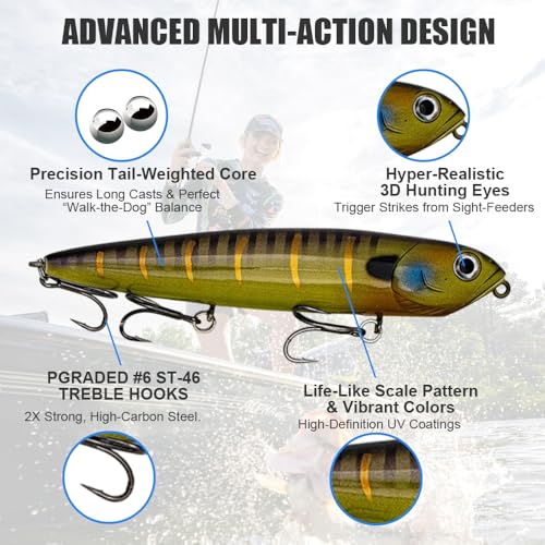 Topwater Plopping Lure Kit -5 Lures+5 Blades in Plastic Case, 4.7in,Adjustable for Walking Bait or Surface Tractor Action. Fishing Gifts for Men Targeting Pike, Bass, Musky in Freshwater