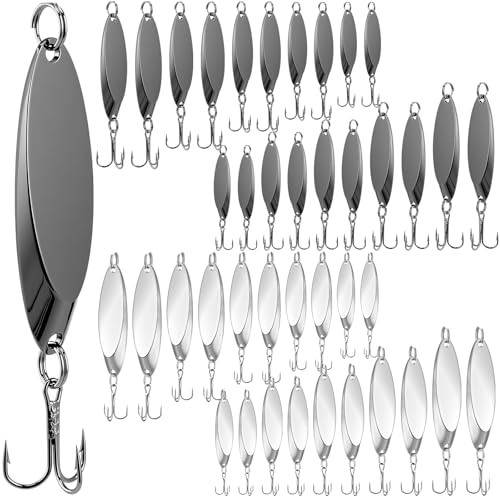 HESTYA Fishing Lures Spoons Saltwater Treble Trout Lures Hard Metal Spinner Baits 5 Sizes Casting Spoon Hooks for Salmon Bass in 1/5 1/4 3/8 1/2 3/4 oz - color: Silver, Black