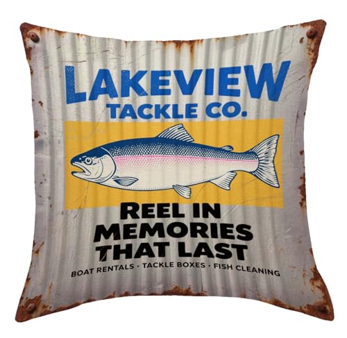 Rustic Fishing Throw Cushion Case 18x18 Inch Reel in Memories Trout Pillow Cover for Lake House Cabin Man Cave Couch Sofa Outdoor Fishing Decor Pillowcase (Grey) - color: Grey