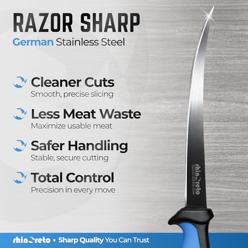 Rhinoreto Fillet Knife for Fish - Razor Sharp G4116 German Stainless Steel Blade, 6.5 Inch Professional Filleting & Boning Knife with Non-Slip Handle, Protective Sheath & Sharpener - color: Blue, size: 6.5"
