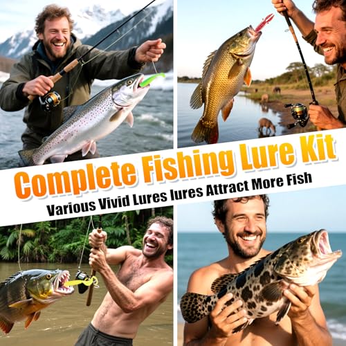 Fishing Lure Kit, 91PCS Fishing Lures Tackle Box Included Tail Swimbaits, Soft Worm Grubs, Crappie Jigs Heads, Fishing Snap Leaders, Fishing Bait Kit for Starter Bass Trout Freshwater Saltwater