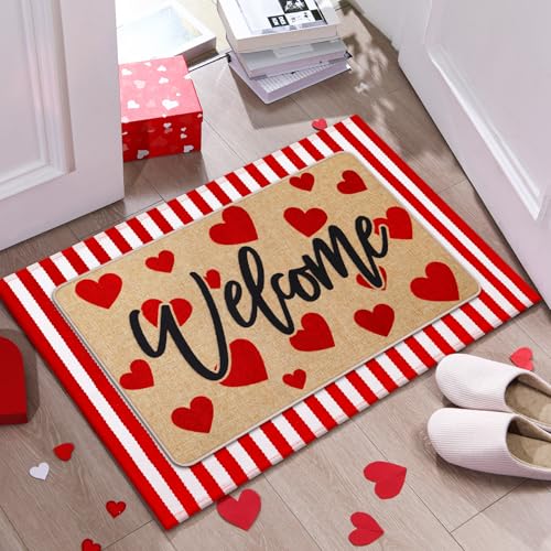 Tinideya 2 Pcs Valentine's Day Doormats Welcome Outdoor Red Heart Door Mats Layered Front Door Rugs Non Slip Floor Mats for Porch Entryway Outdoor - size: 16 x 28 Inch,24 x 35 Inch, style: Heart
