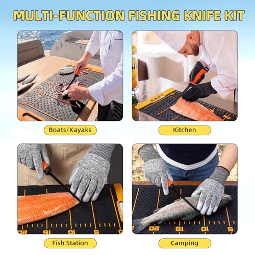 7 Pcs Fish Fillet Knife Set Fishing Cleaning Kit with 7" Stainless Steel Fillet Knife Non-slip Silicone Fish Mat Digital Scale Sharpener Scaler Cut Resistant Gloves Carrying Bag(Orange)