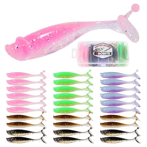 30pcs Soft Plastic Swimbaits with Paddle Tail, T-Tail Fishing Lures for Vertical Jigging and Casting, Freshwater Swimbaits for Bass, Trout, Walleye & Crappie - color: Classic, 2.5''
