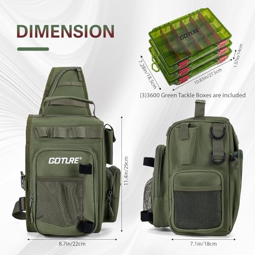 Goture OpenSide Fishing Sling Tackle Storage Bag with 3 Tackle Boxes and Tools, Lightweight Fishing Backpack Storge Gear - Green Bag Outdoor,Gift for men - color: Green, size: Small bag with 3600 trays, style: Bag + Fishing Boxes + Black Fishing Tools + L