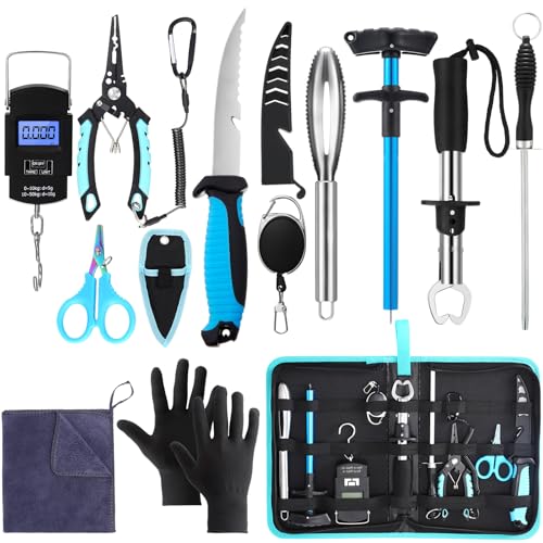 RoundFunny 14 Pcs Fishing Tool Kit, Fillet Knife, Fishing Pliers with Lanyard, Digital Scale, Lip Gripper, Hook Remover Fish Scaler Braid Scissors Gloves Sharpening Rod Retractor Towel Bag - color: Blue, style: A