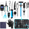 RoundFunny 14 Pcs Fishing Tool Kit, Fillet Knife, Fishing Pliers with Lanyard, Digital Scale, Lip Gripper, Hook Remover Fish Scaler Braid Scissors Gloves Sharpening Rod Retractor Towel Bag - color: Blue, style: A