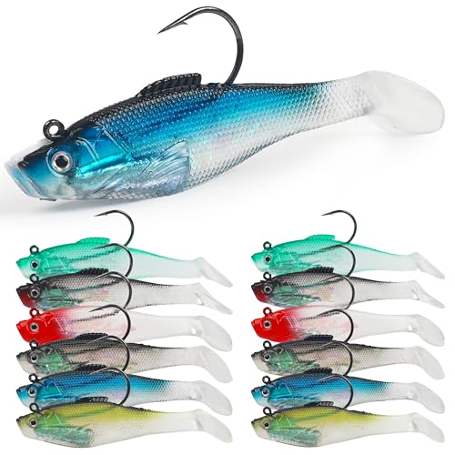 Soft Fishing Lures Pre-Rigged Swimbait Jig Head Paddle Tail Swim Baits Swim Shad Lures Soft Plastic Swimbait Bass Trout Walleye Sinking Baits Fishing Lures Kit for Saltwater Freshwater - color: 12pcs/pack, size: 8cm/3.15inch