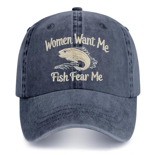 Fish Hats for Men Women,Funny Fishing Lover Gifts,Embroidered Washed Distressed Baseball Cap,Vintage Trucker Hat - color: Women-blue