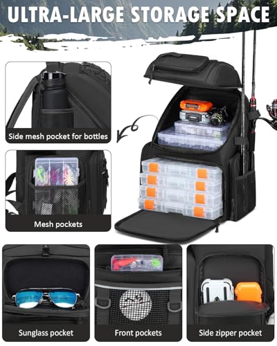 HAMBOLY Fishing Backpack with Tackle Boxes, 50L Fishing Tackle Bag with Cooler & Rod Holders, Waterproof Tackle Bag for Men - color: Black